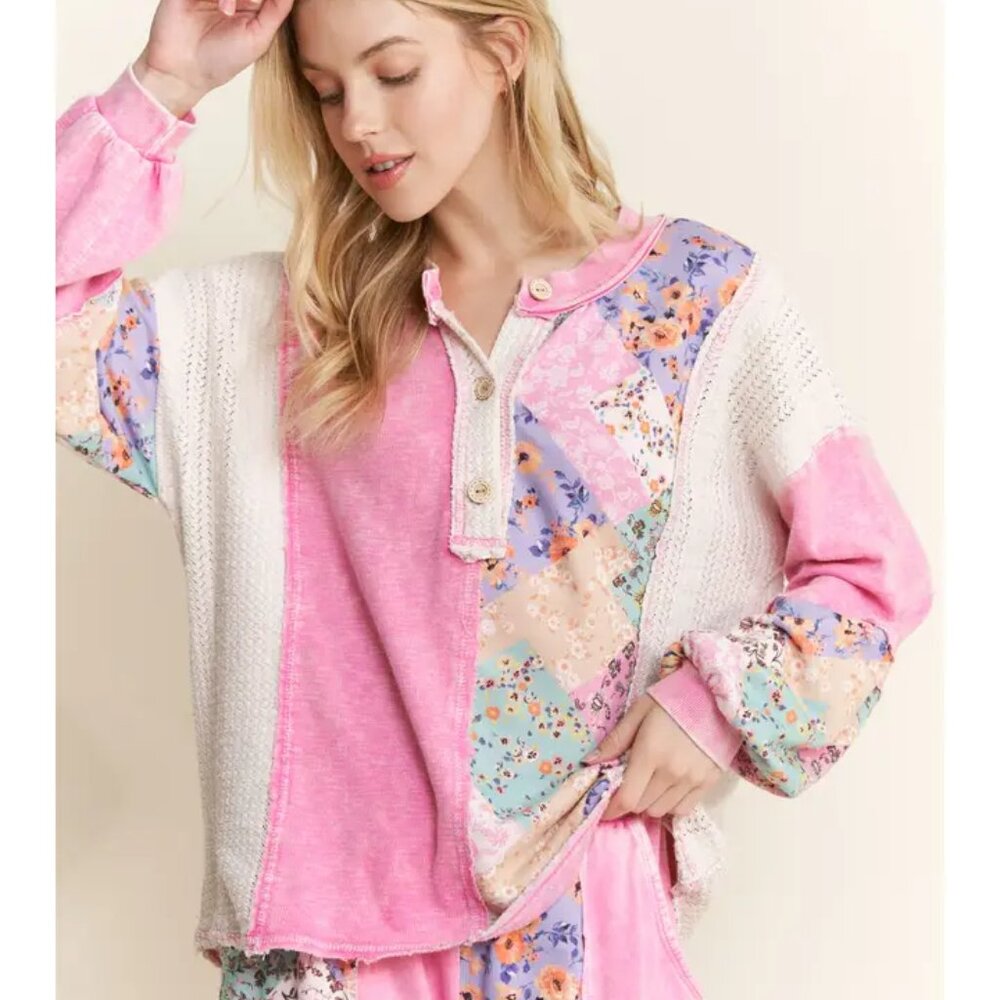 J4 J. Her Bubble Gum Pink Mineral Washed Floral Waveknit Jacquard Boho top